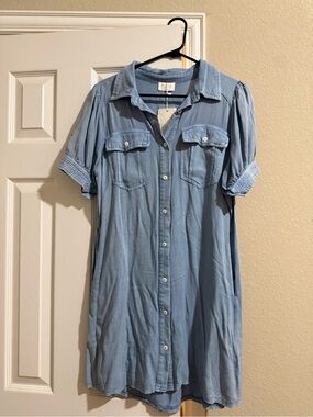 Chambray Denim Shirt Dress - Short Sleeve Button Front